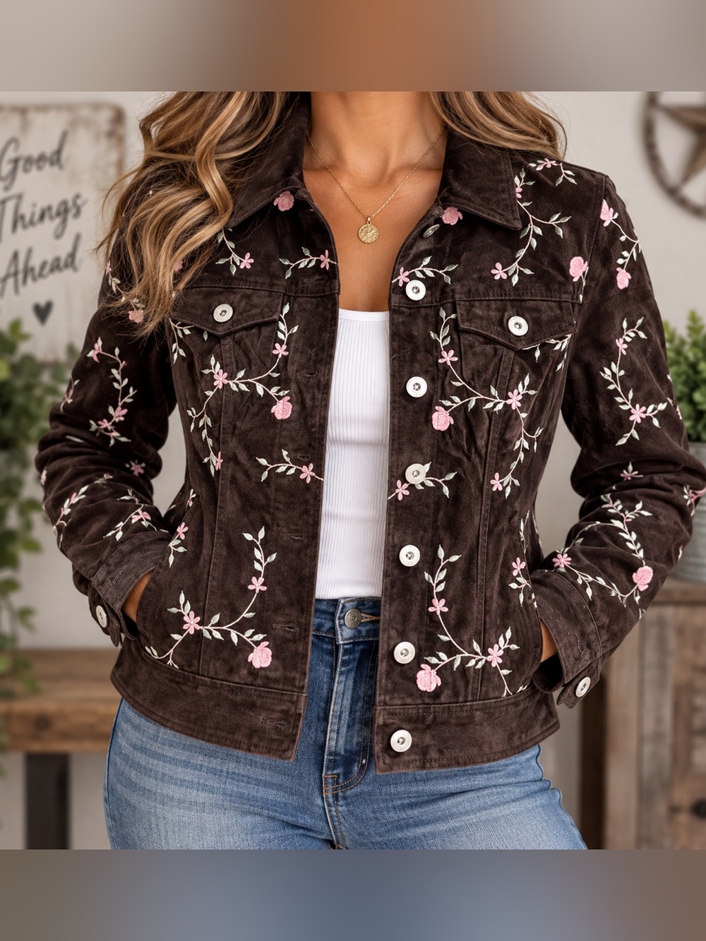 IN SUEDE Leather/Embroidery Jacket- size Small‎